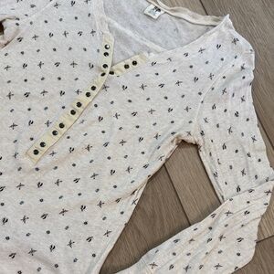 Roxy Y2K All Over Print Longline Henley Long Sleeve Shirt Sz M Cream Surf Beachy